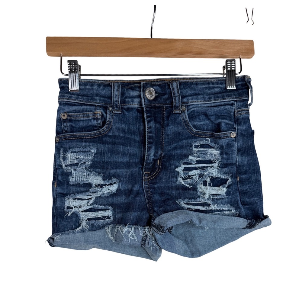 American Eagle Hi Rise Distressed Shortie Shorts size‎ 00 Blue